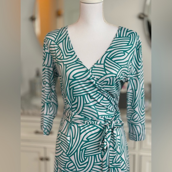 Women Faux Wrap A Line Dress (Dark Cyan and White Large), Large - Picture 6 of 16